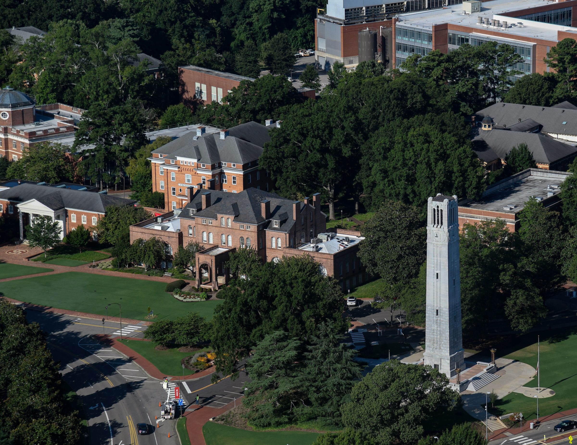 An aerial view of Main campus including the belltower and Holladay Hall.