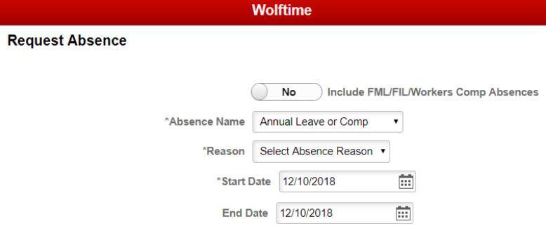 Screenshot of WOlfTime Request Absence Page