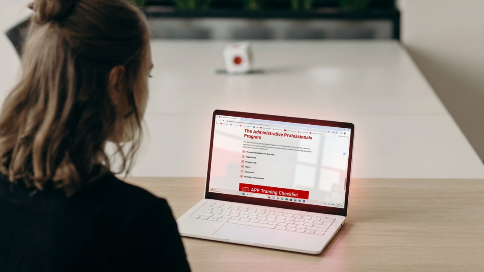 Woman looking at the Administrative Professionals Program webpage on a laptop screen